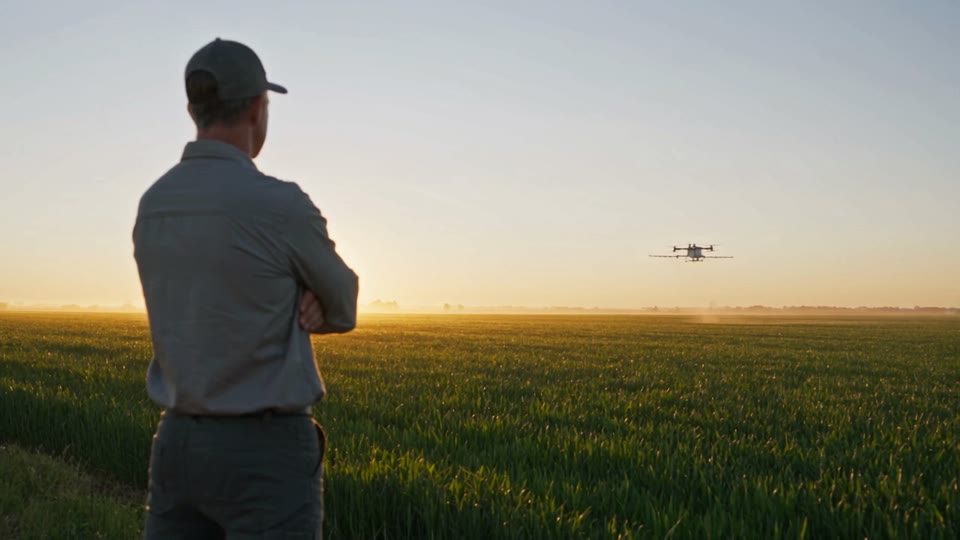 Un agricoltore osserva il drone che lavora sul suo campo