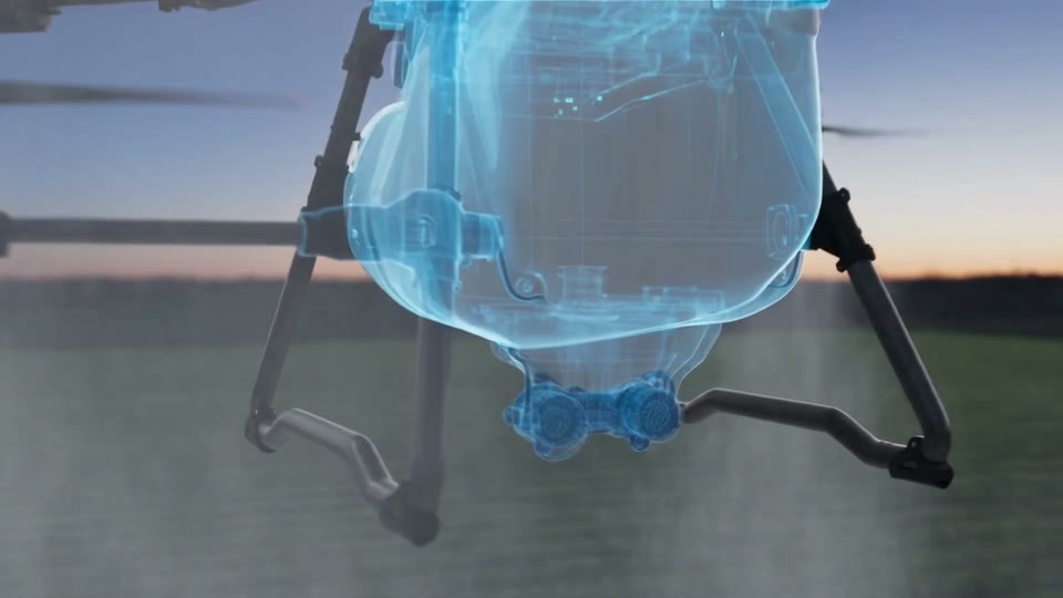Il serbatoio e le pompe del drone visti in trasparenza