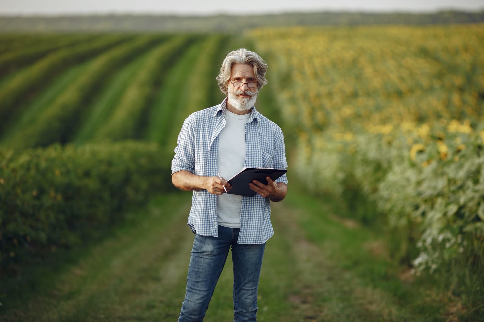 Un agricoltore con il tablet in mano fra le piante