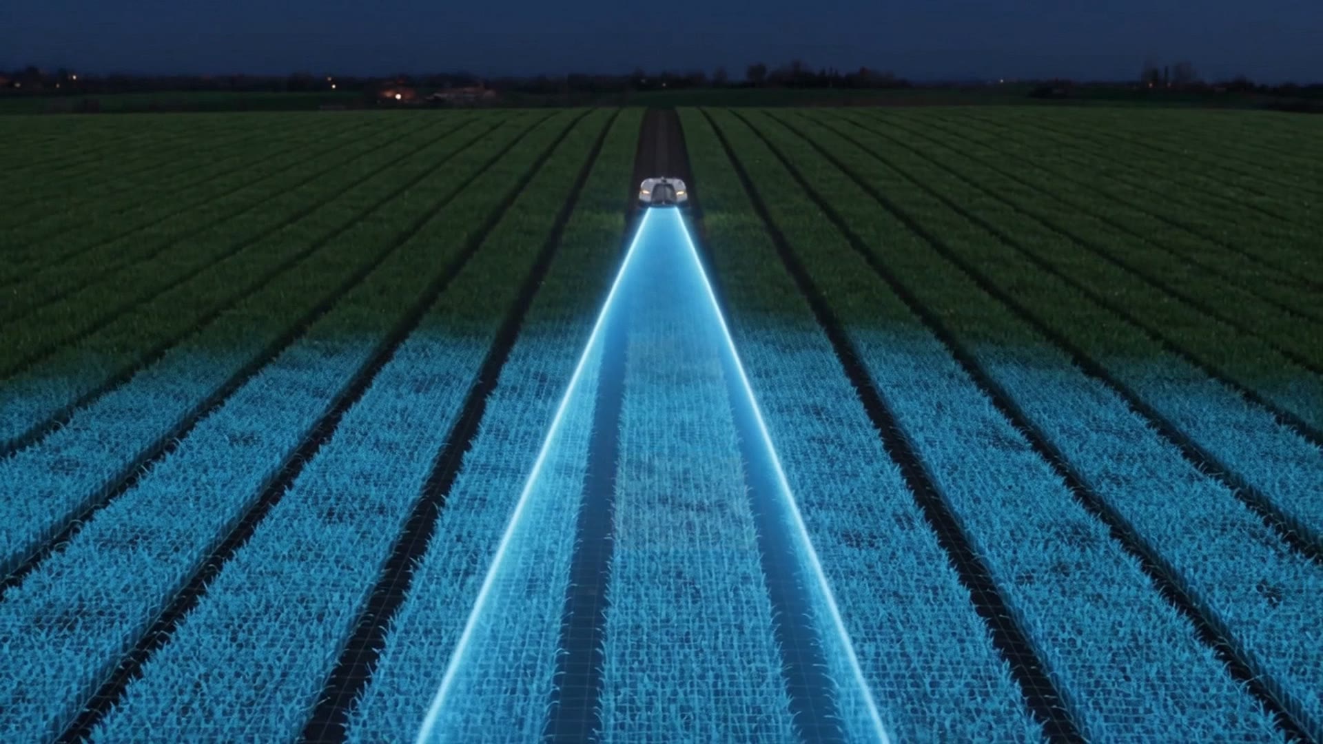 Il cono di scansione del drone proiettato sulle file del campo